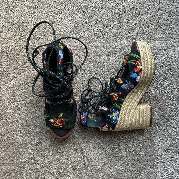 Tory Burch Black Floral Embroidered Espadrille Heeled Sandals - Picture 2 of 7